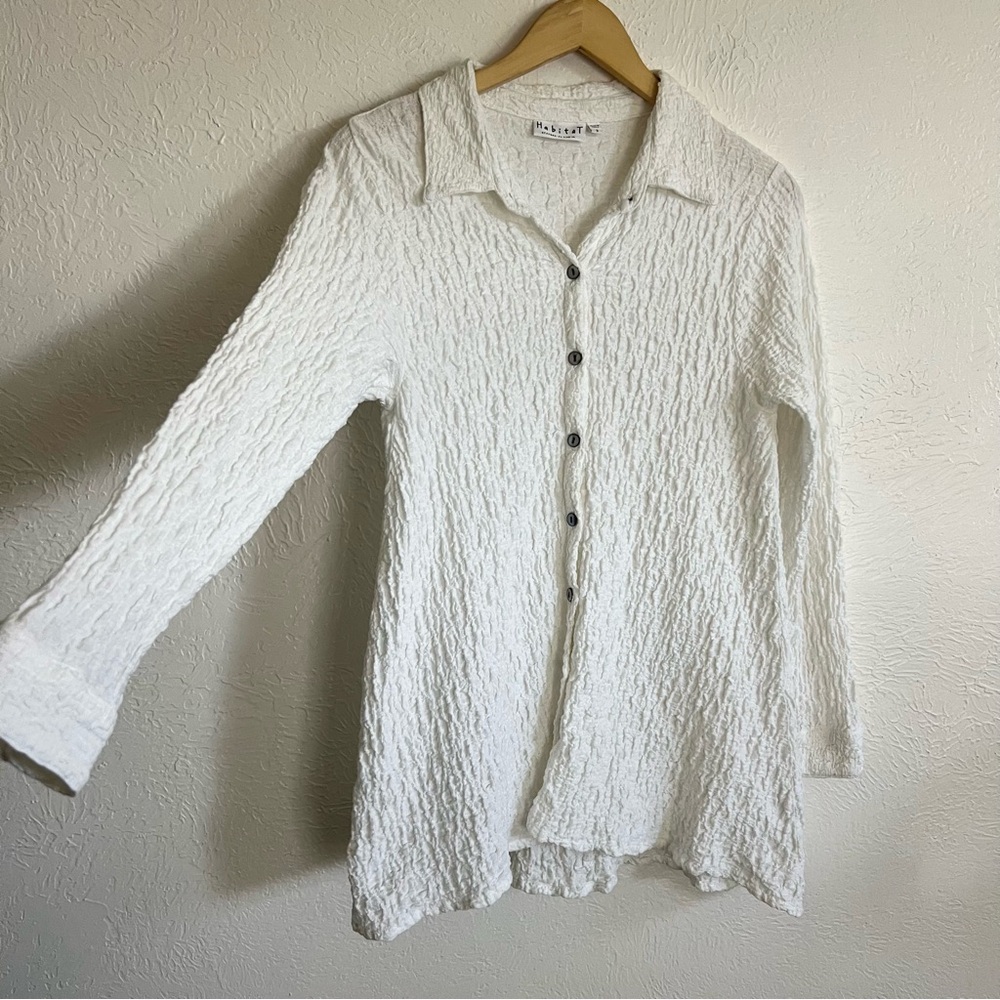 Habitat Boho Textured Crinkle Cream Relaxed Fit Button Down Blouse Size Small